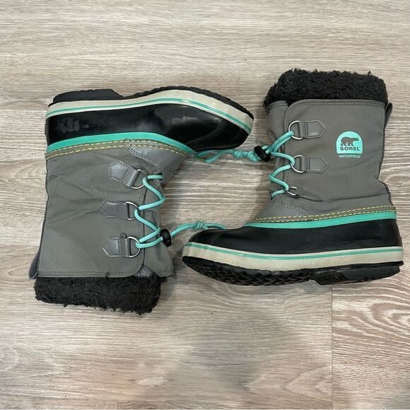 Sorel YOUTH YOOT PAC NYLON BOOT Waterproof Snow Boots in Gray Blue Sherpa Wool - Picture 3 of 12